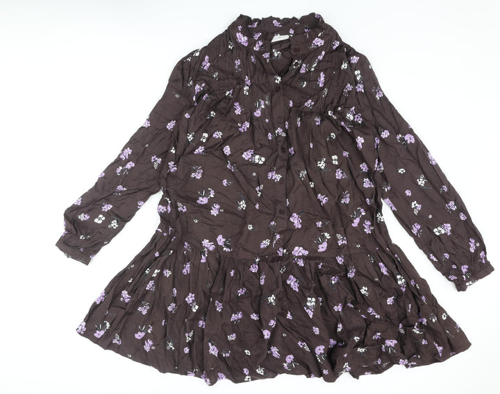 Kaffe Womens Brown Floral Viscose A-Line Size 14 V-Neck Button - Frill