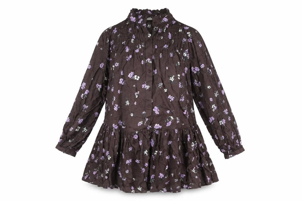 Front view of Kaffe women’s brown floral viscose a-line, size UK 14, v-neck button - frill