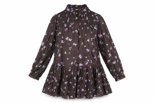 Front view of Kaffe women’s brown floral viscose a-line, size UK 14, v-neck button - frill