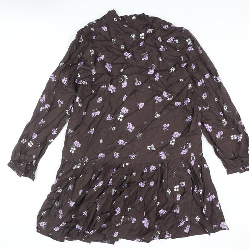 Kaffe Womens Brown Floral Viscose A-Line Size 14 V-Neck Button - Frill