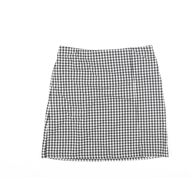 Topshop Womens Black Check Viscose Mini Skirt Size 10 - Front Slit