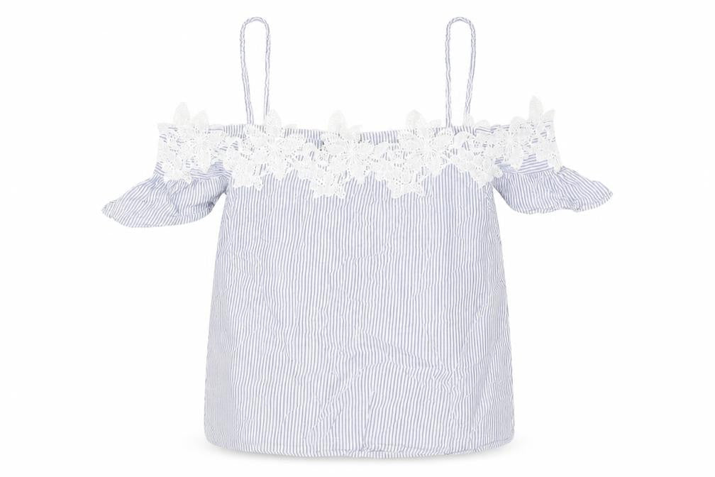 Front view of New Look women’s blue striped cotton basic blouse, size UK 8, off the shoulder - strap lace trim