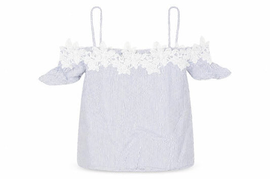 Front view of New Look women’s blue striped cotton basic blouse, size UK 8, off the shoulder - strap lace trim