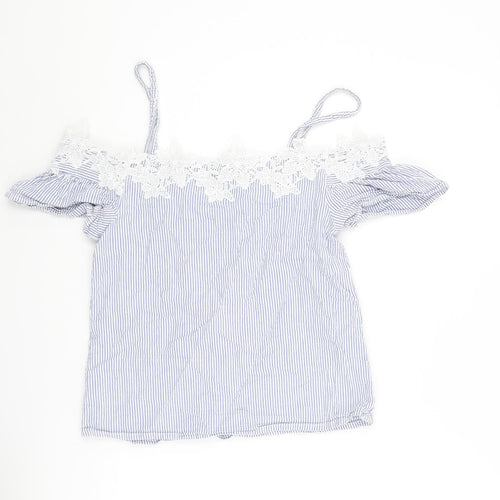 New Look Womens Blue Striped Cotton Basic Blouse Size 8 Off the Shoulder - Strap Lace Trim