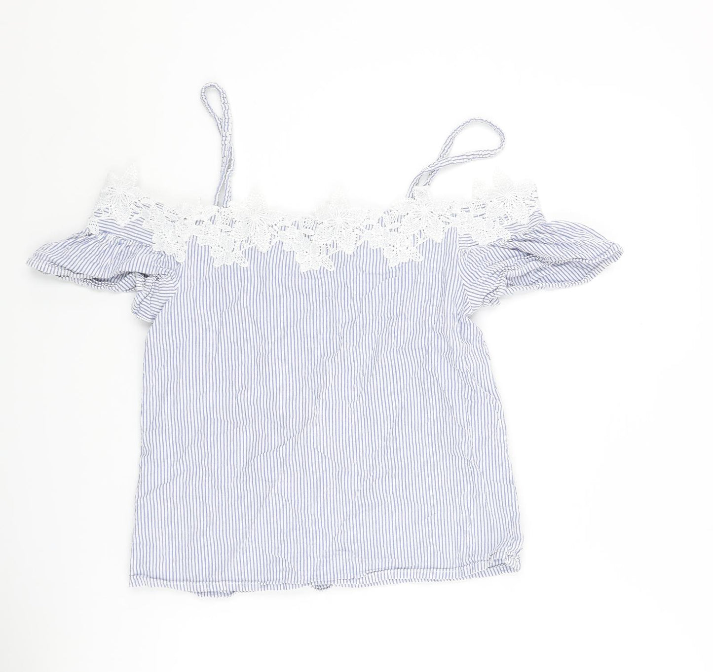 New Look Womens Blue Striped Cotton Basic Blouse Size 8 Off the Shoulder - Strap Lace Trim