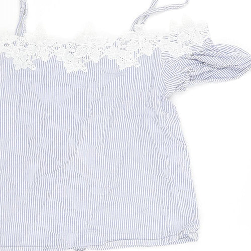 New Look Womens Blue Striped Cotton Basic Blouse Size 8 Off the Shoulder - Strap Lace Trim