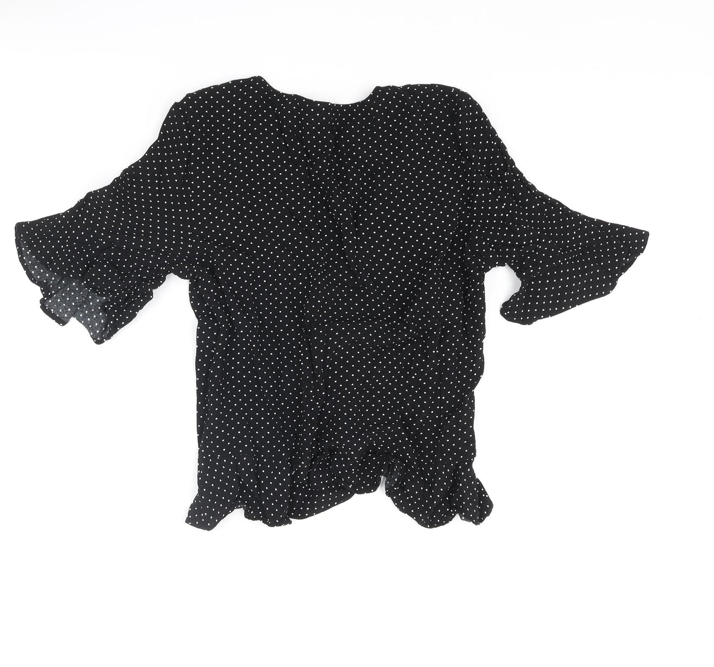 H&M Womens Black Polka Dot Viscose Basic Blouse Size 10 V-Neck - Rouched Frill Tie