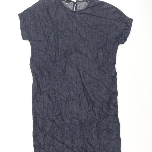 NEXT Womens Blue Cotton Shift Size 8 Round Neck Button - Belted Embroidered Hem