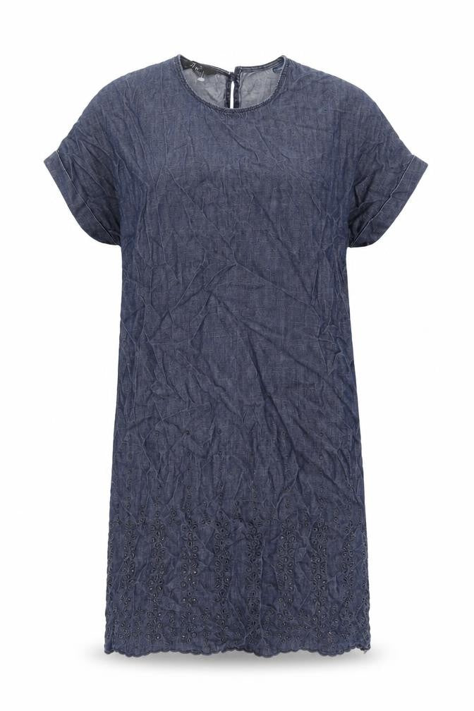 Front view of Next women’s blue cotton shift, size UK 8, round neck button - belted embroidered hem