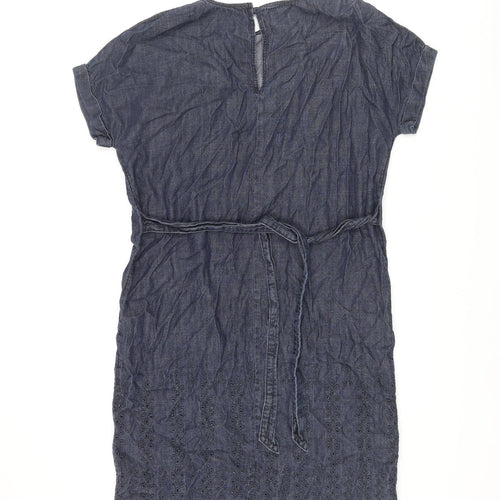 NEXT Womens Blue Cotton Shift Size 8 Round Neck Button - Belted Embroidered Hem