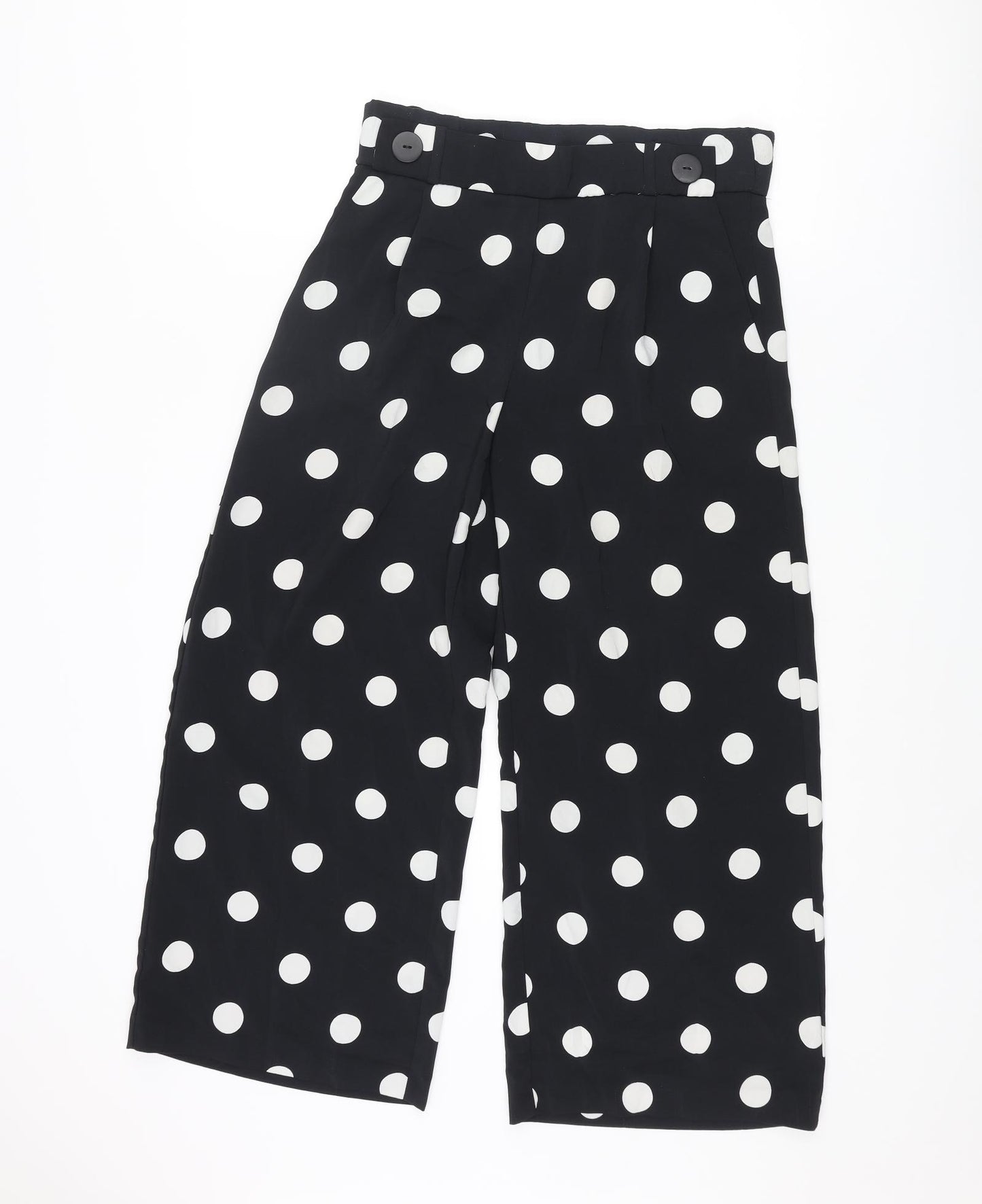 Zara Womens Black Polka Dot Polyester Cropped Trousers Size S L23 in Regular - Culotte Button