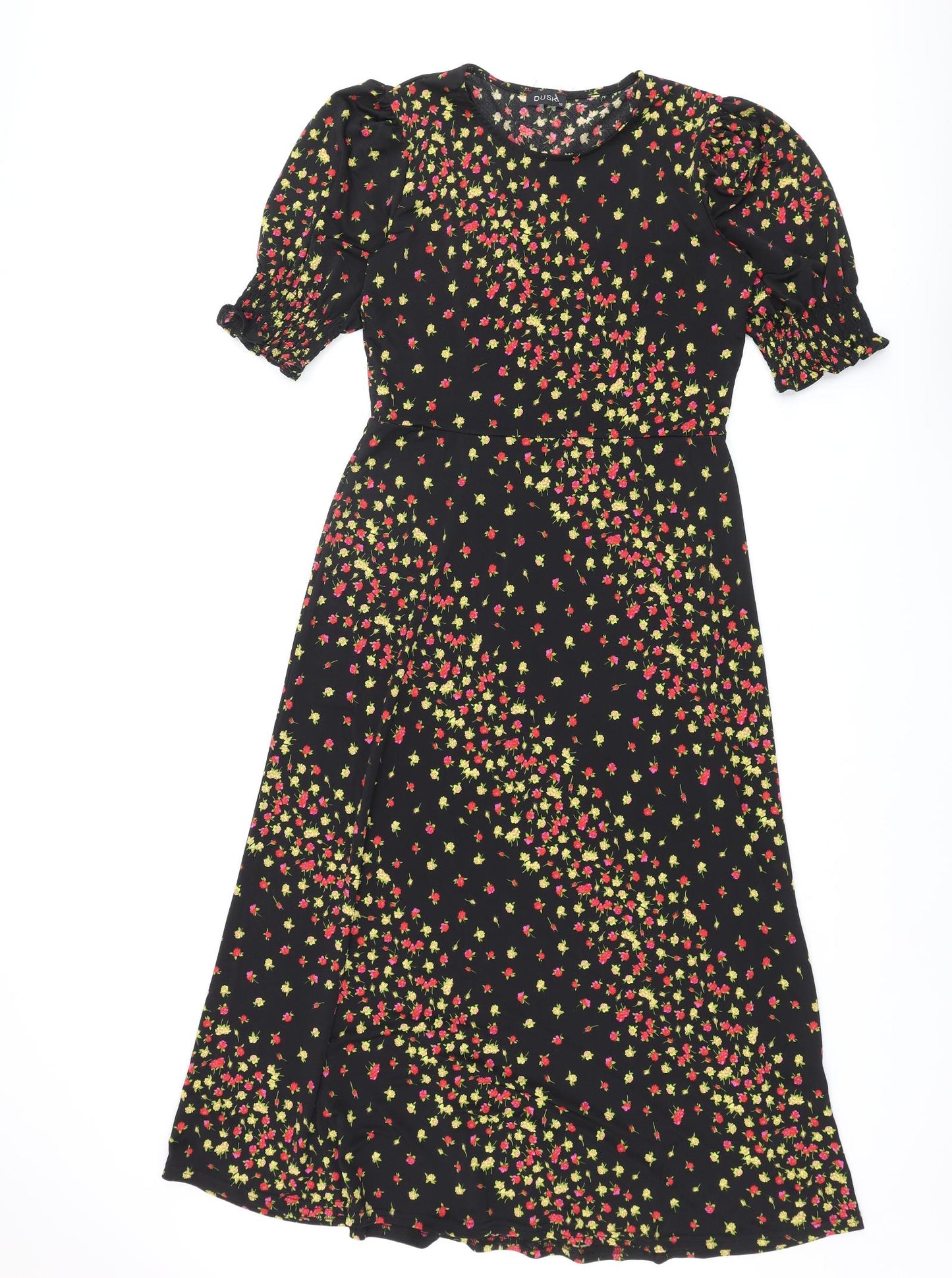 dusk Womens Black Floral Polyester A-Line Size 10 Roll Neck Pullover - Rouched Sleeve