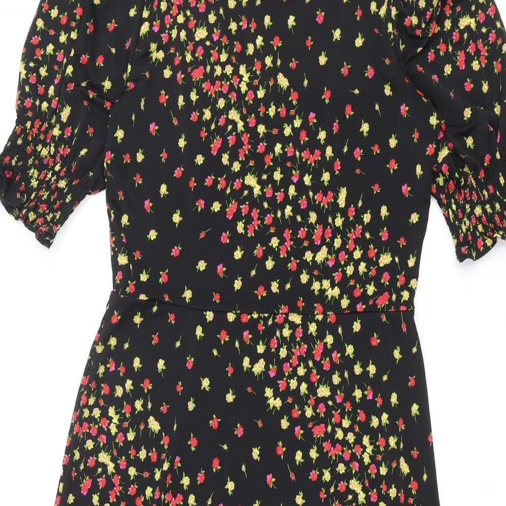 dusk Womens Black Floral Polyester A-Line Size 10 Roll Neck Pullover - Rouched Sleeve