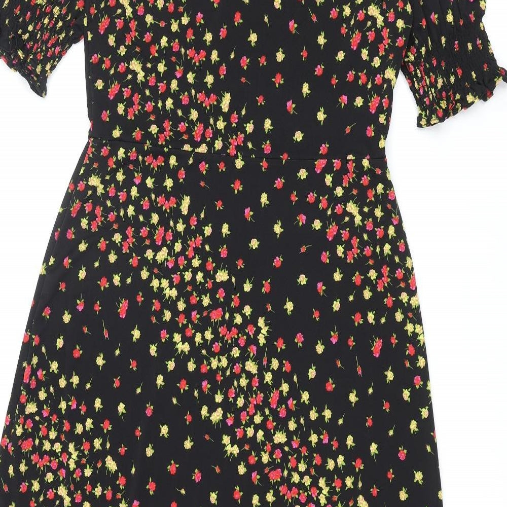 dusk Womens Black Floral Polyester A-Line Size 10 Roll Neck Pullover - Rouched Sleeve
