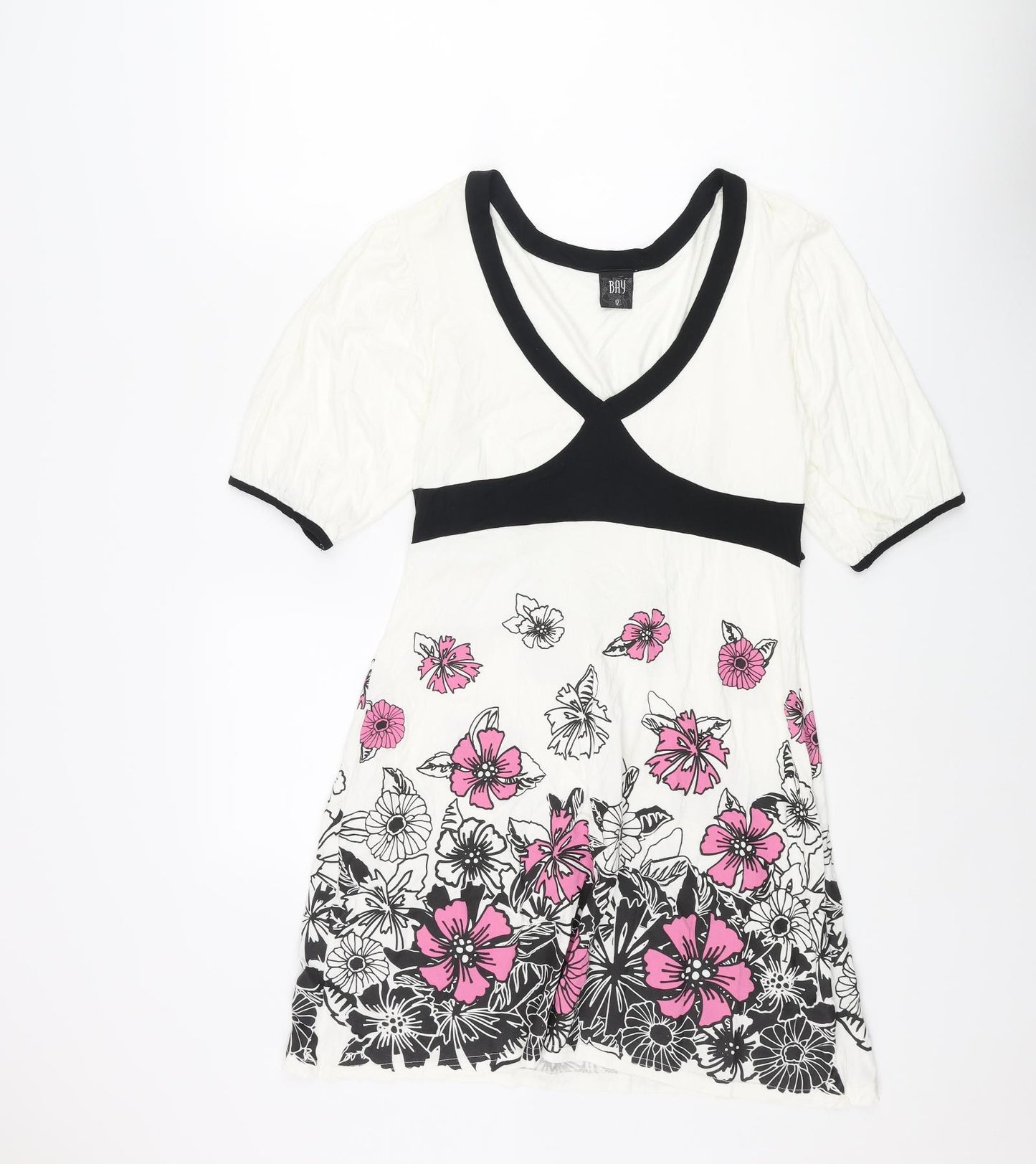 Bay Womens White Viscose A-Line Size 12 V-Neck Pullover - Floral Belted