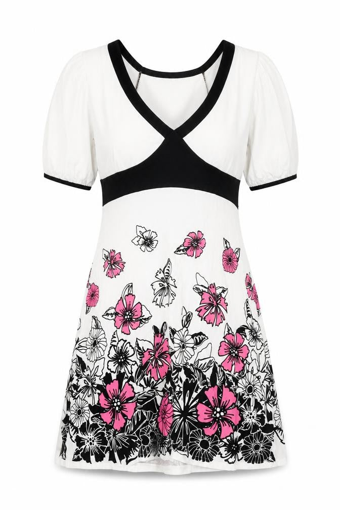 Front view of Bay women’s white viscose a-line, size UK 12, v-neck pullover - floral belted