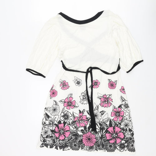 Bay Womens White Viscose A-Line Size 12 V-Neck Pullover - Floral Belted