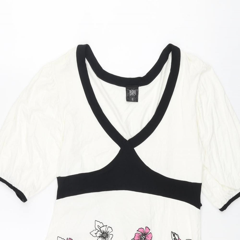 Bay Womens White Viscose A-Line Size 12 V-Neck Pullover - Floral Belted