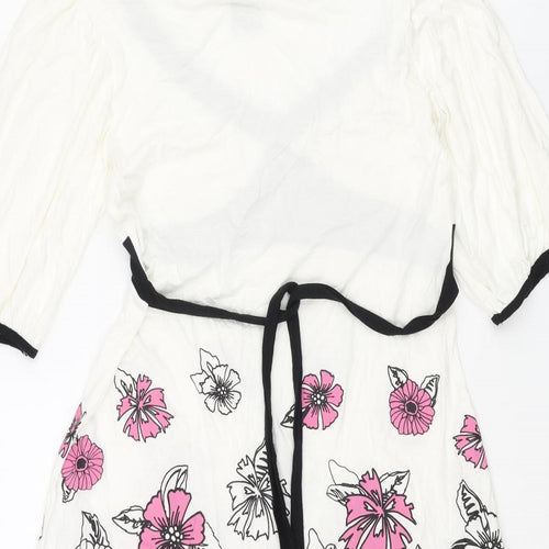Bay Womens White Viscose A-Line Size 12 V-Neck Pullover - Floral Belted