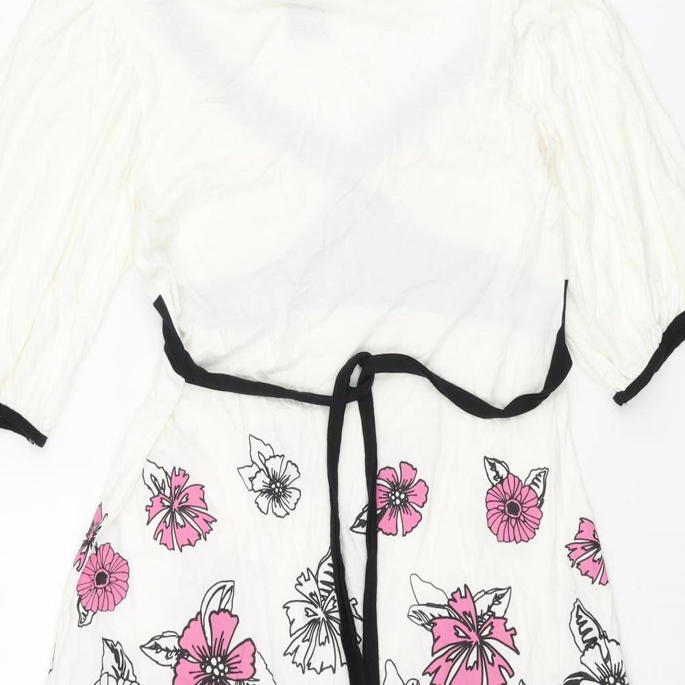 Bay Womens White Viscose A-Line Size 12 V-Neck Pullover - Floral Belted