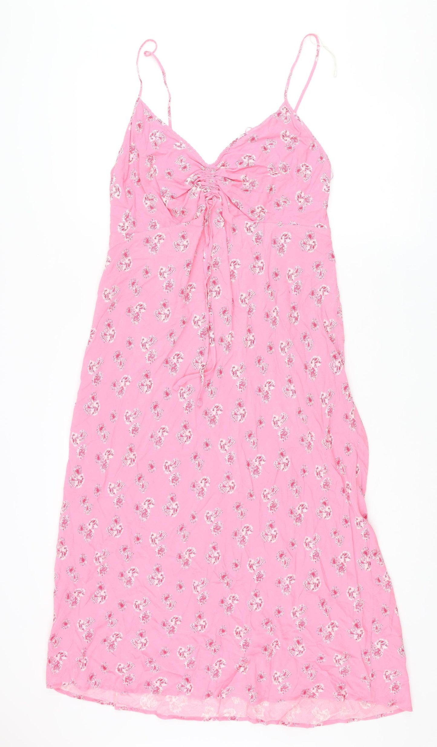 Marks and Spencer Womens Pink Floral Viscose Slip Dress Size 14 V-Neck Pullover - Rouched