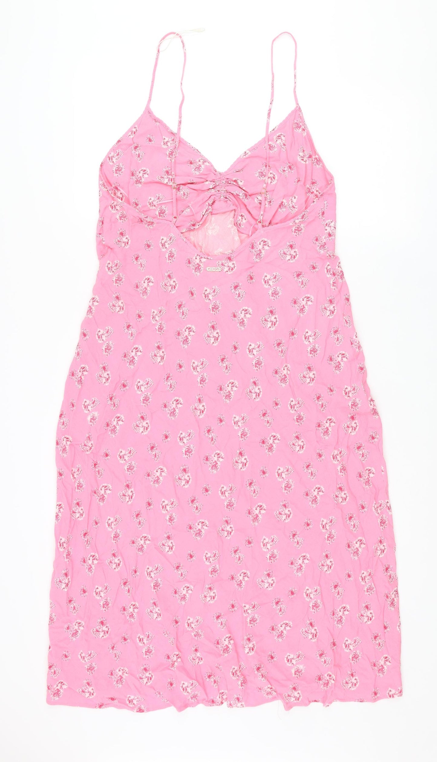 Marks and Spencer Womens Pink Floral Viscose Slip Dress Size 14 V-Neck Pullover - Rouched