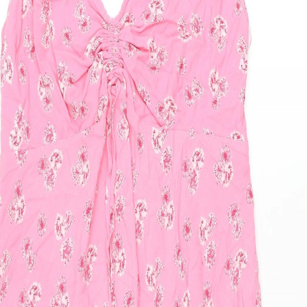 Marks and Spencer Womens Pink Floral Viscose Slip Dress Size 14 V-Neck Pullover - Rouched