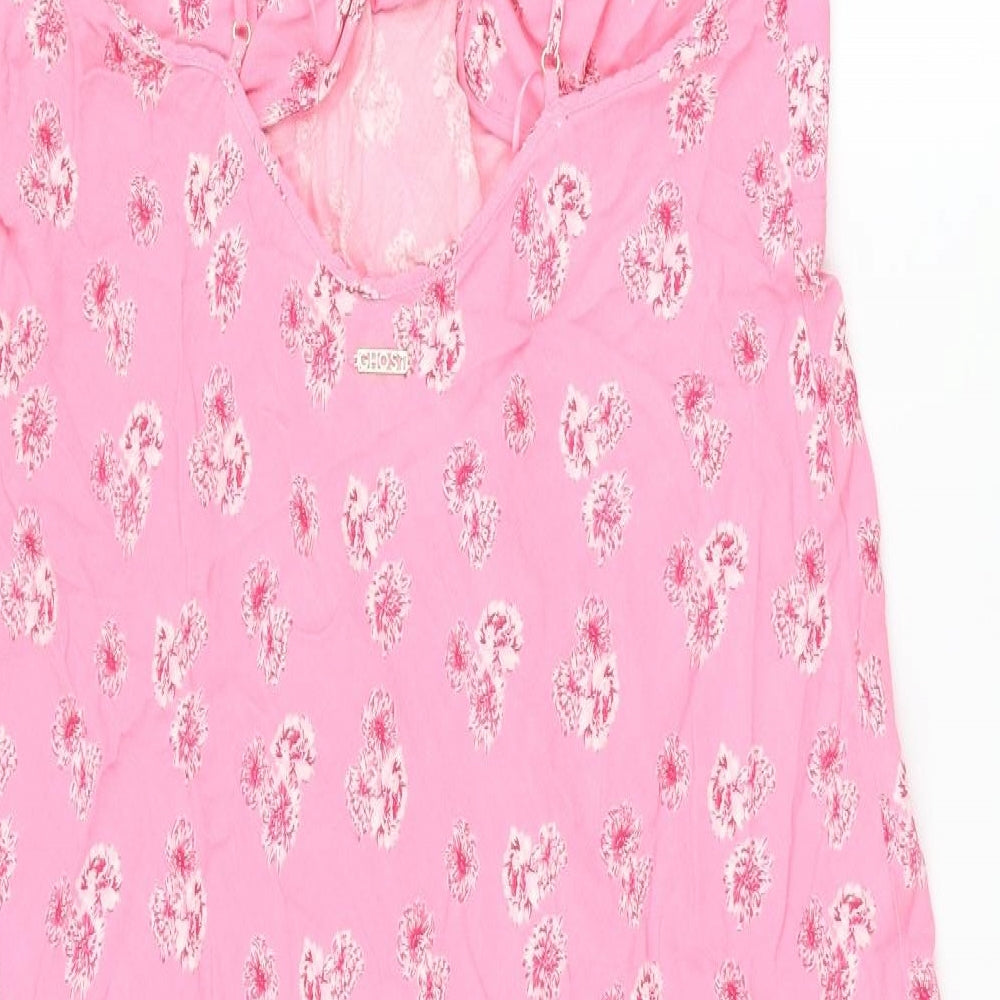 Marks and Spencer Womens Pink Floral Viscose Slip Dress Size 14 V-Neck Pullover - Rouched