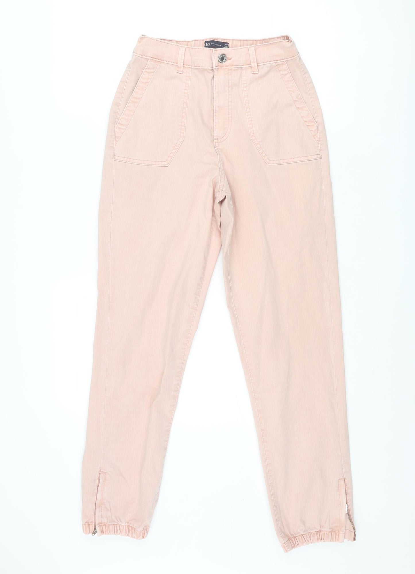 Marks and Spencer Womens Pink Cotton Tapered Jeans Size 8 L27 in Regular Zip - Elasticated Zip