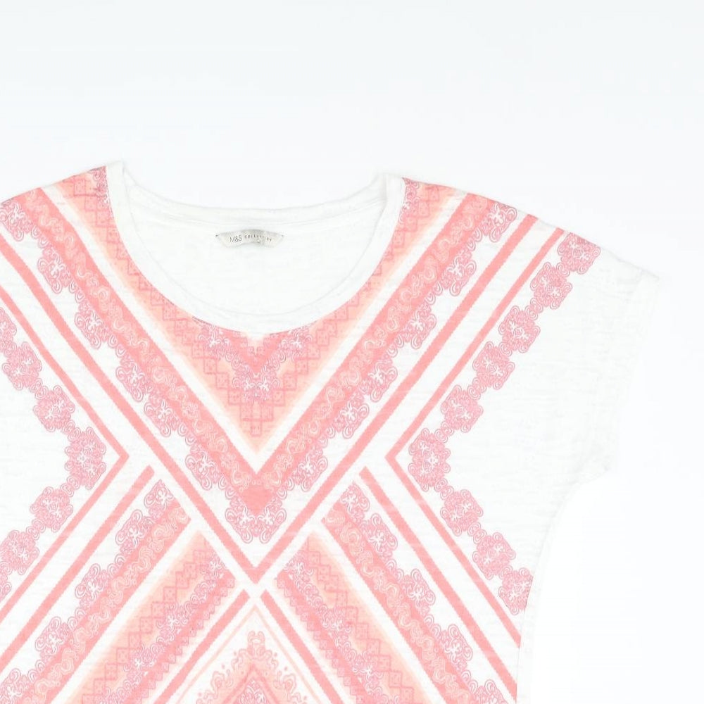 Marks and Spencer Womens Multicoloured Cotton Basic T-Shirt Size 10 Round Neck - Geometric Print