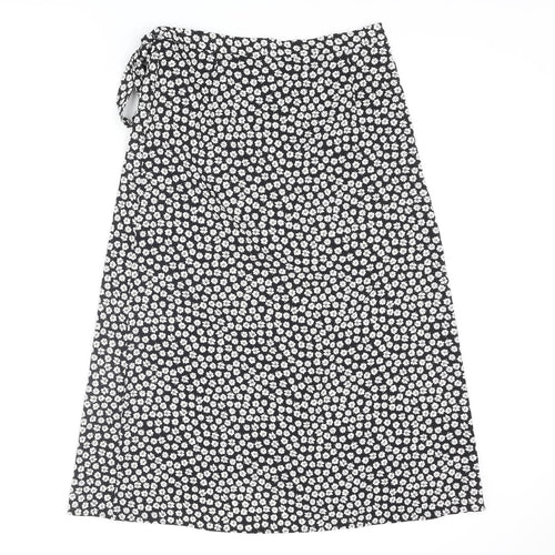 New Look Womens Black Floral Polyester Wrap Skirt Size 12 Button - Bow