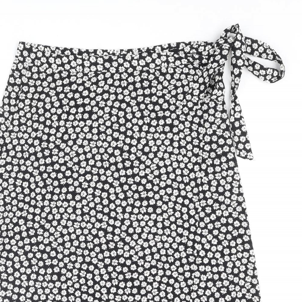 New Look Womens Black Floral Polyester Wrap Skirt Size 12 Button - Bow