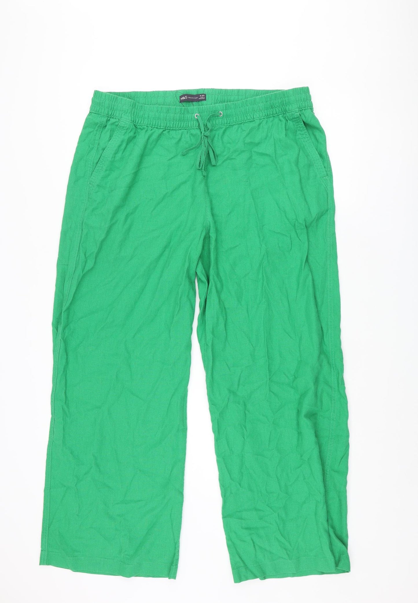 Marks and Womens Green Linen Trousers Size 18 L28 in Regular Drawstring