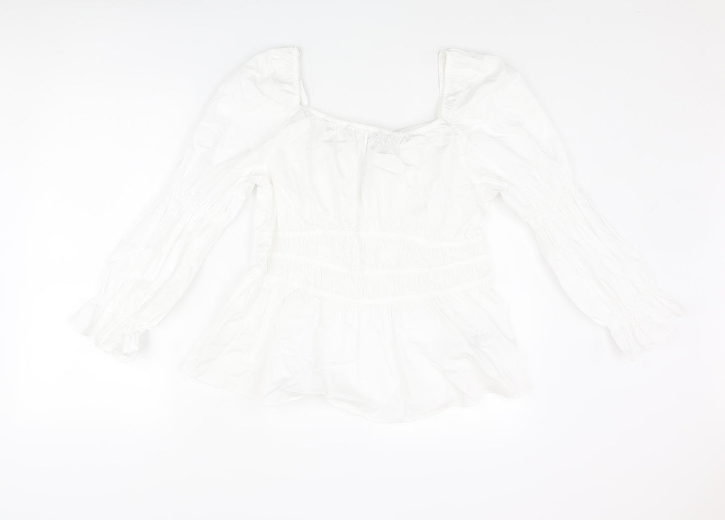 Marks and Spencer Womens White Cotton Basic Blouse Size 16 Square Neck - Rouched Peplum