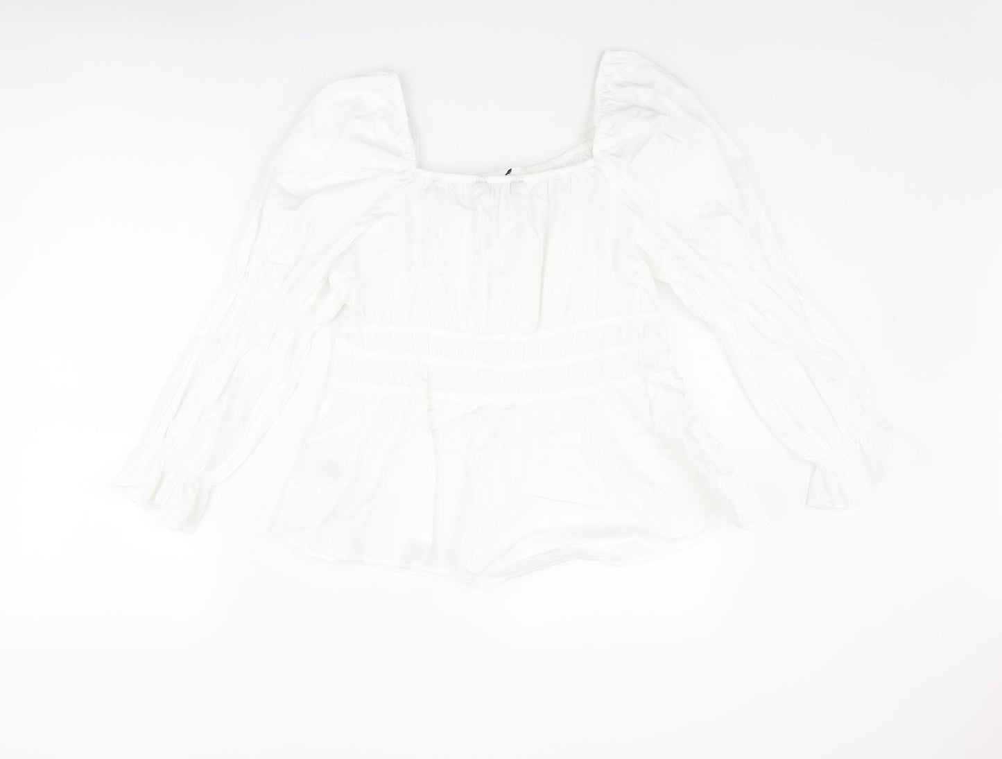 Marks and Spencer Womens White Cotton Basic Blouse Size 16 Square Neck - Rouched Peplum