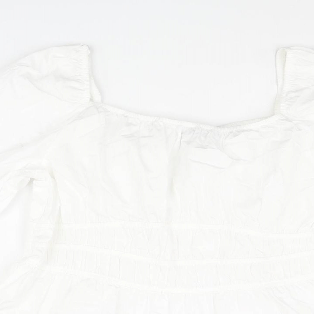 Marks and Spencer Womens White Cotton Basic Blouse Size 16 Square Neck - Rouched Peplum