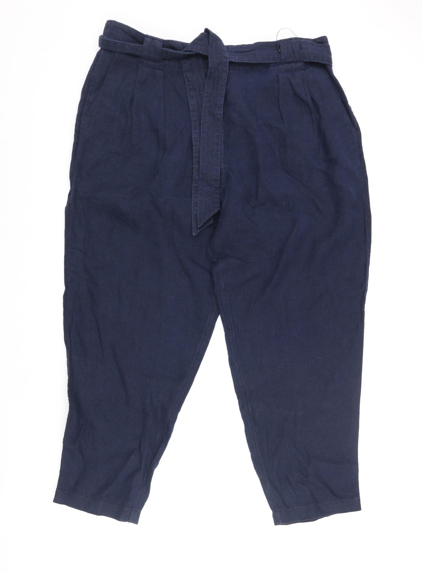 Marks and Spencer Womens Blue Linen Cropped Trousers Size 18 L26 in Regular Zip - Belted