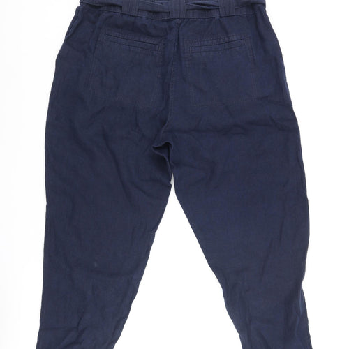 Marks and Spencer Womens Blue Linen Cropped Trousers Size 18 L26 in Regular Zip - Belted