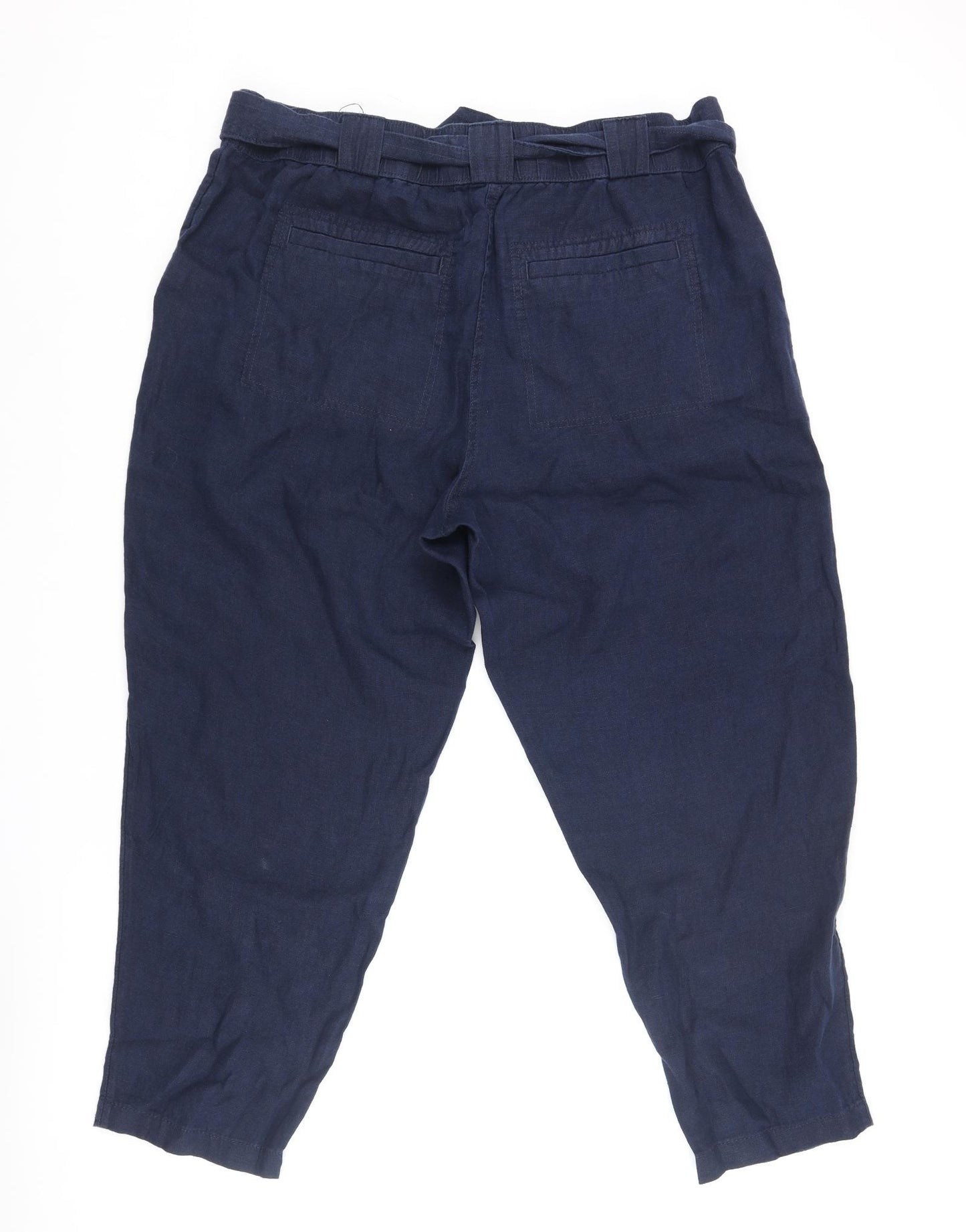Marks and Spencer Womens Blue Linen Cropped Trousers Size 18 L26 in Regular Zip - Belted