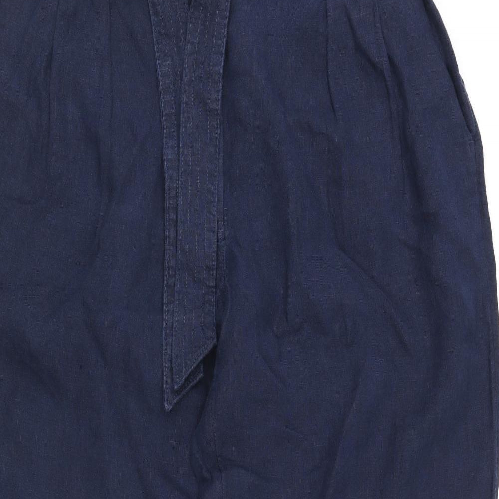 Marks and Spencer Womens Blue Linen Cropped Trousers Size 18 L26 in Regular Zip - Belted