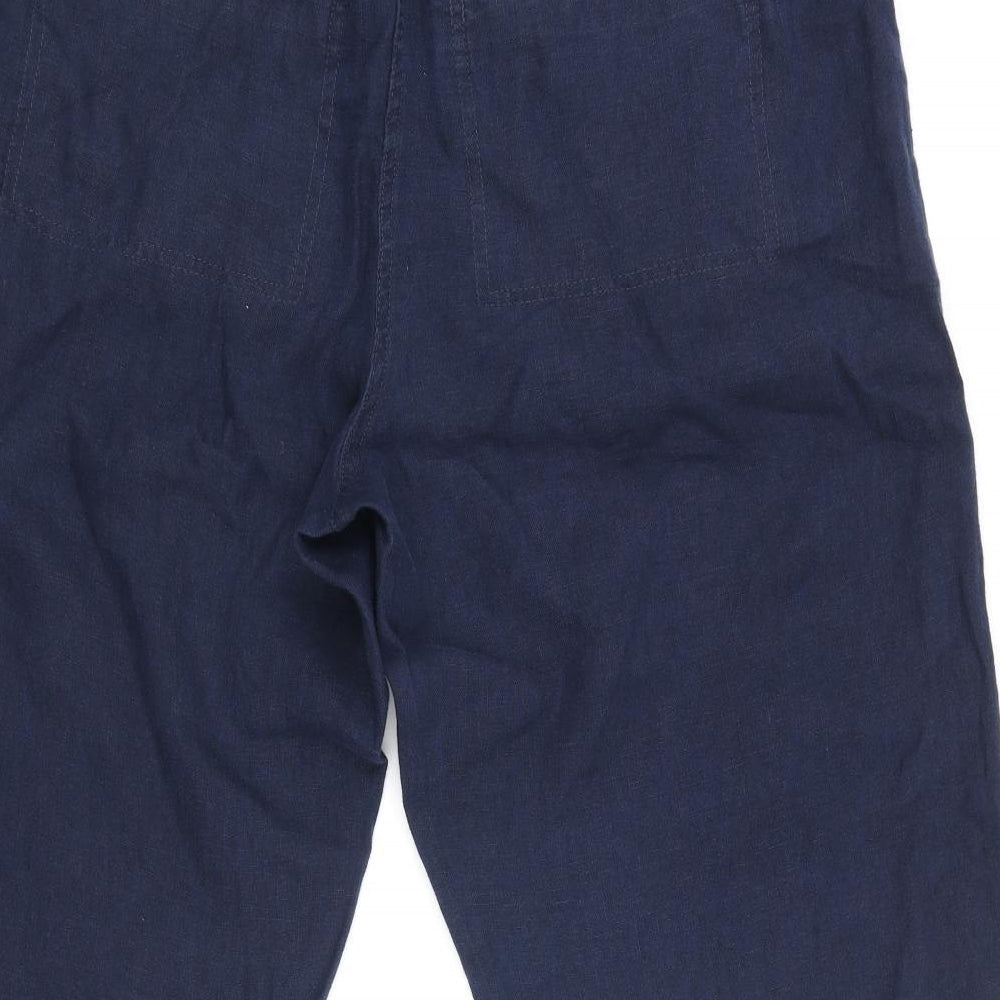 Marks and Spencer Womens Blue Linen Cropped Trousers Size 18 L26 in Regular Zip - Belted