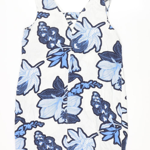 NEXT Womens Blue Floral Linen Shift Size 16 V-Neck Pullover - Pocket