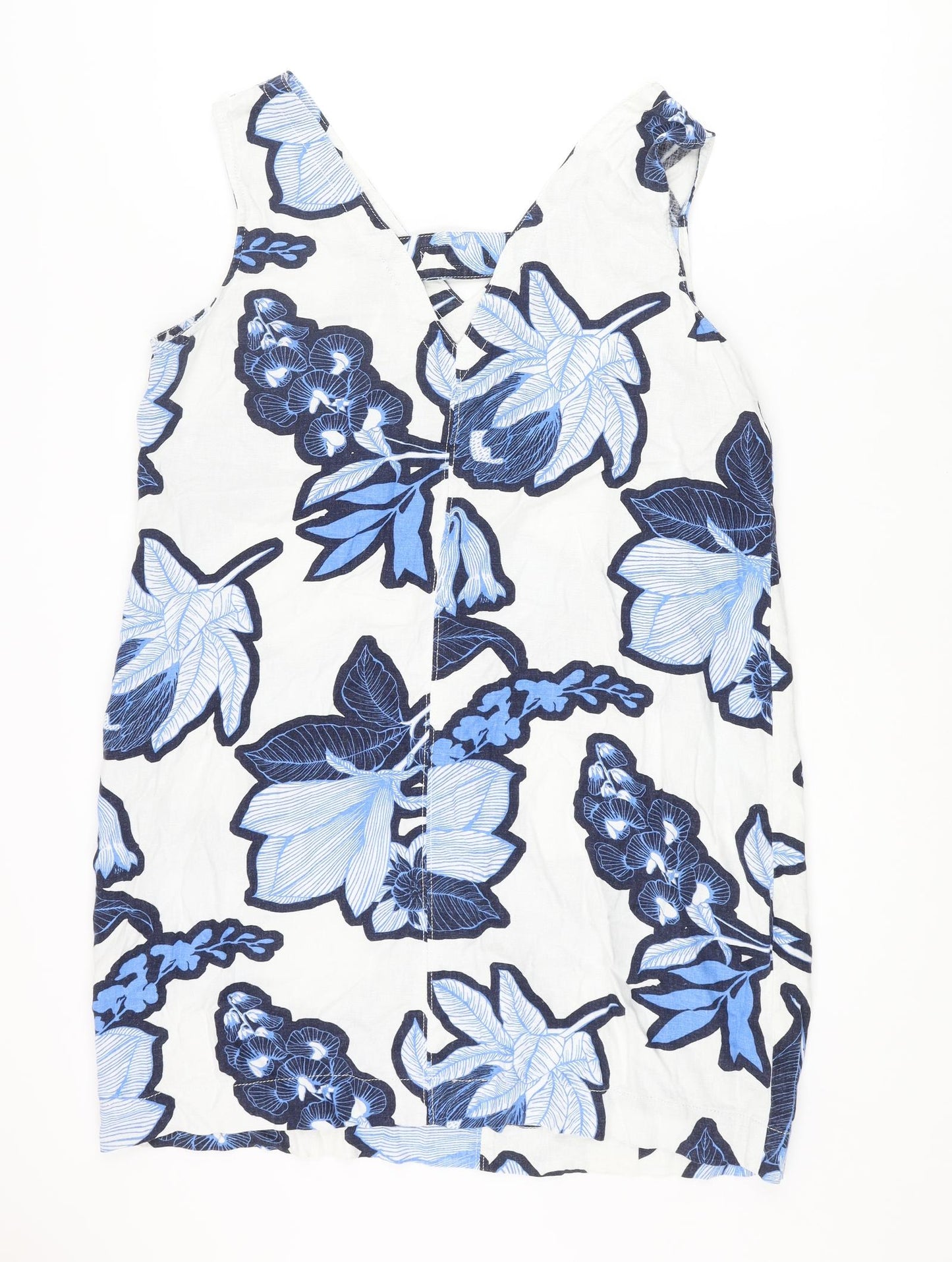 NEXT Womens Blue Floral Linen Shift Size 16 V-Neck Pullover - Pocket