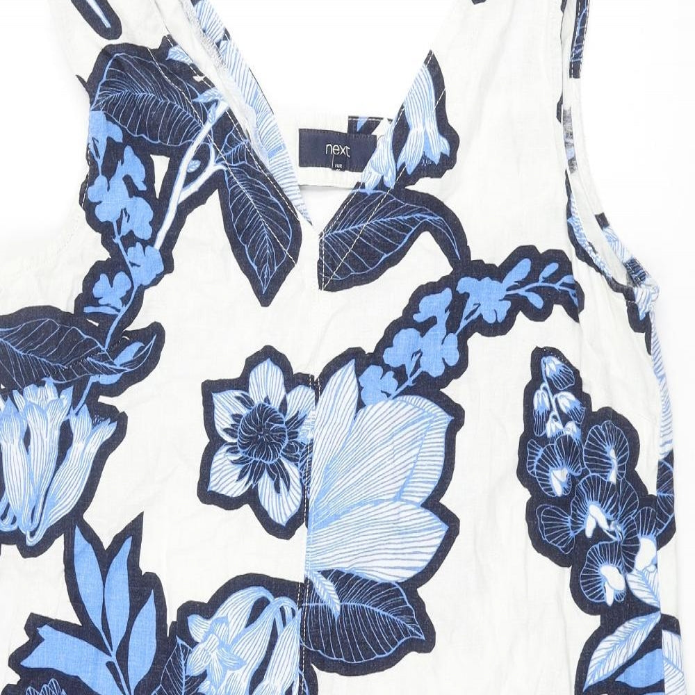 NEXT Womens Blue Floral Linen Shift Size 16 V-Neck Pullover - Pocket