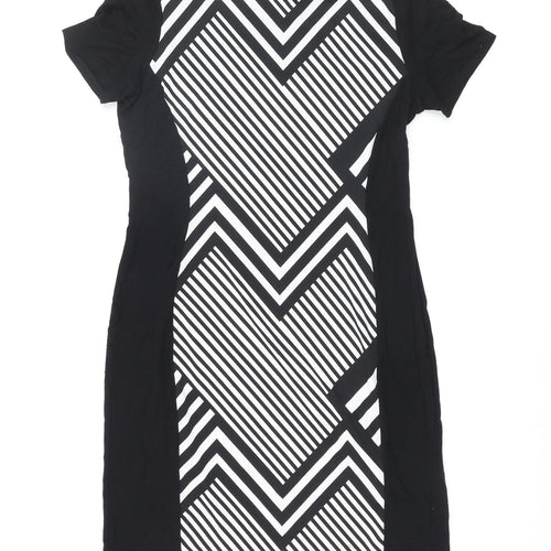 BHS Womens Black Geometric Polyester Bodycon Size 12 Round Neck Pullover