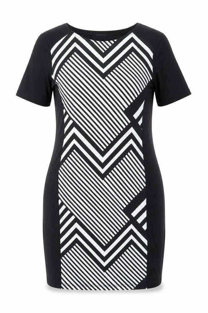 Front view of BHS women’s black geometric polyester bodycon, size UK 12, round neck pullover