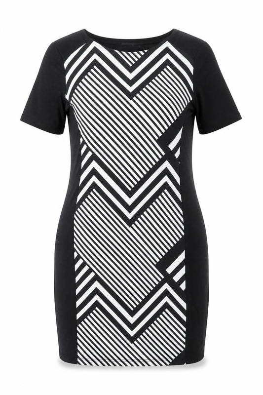 Front view of BHS women’s black geometric polyester bodycon, size UK 12, round neck pullover