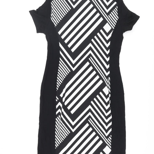BHS Womens Black Geometric Polyester Bodycon Size 12 Round Neck Pullover