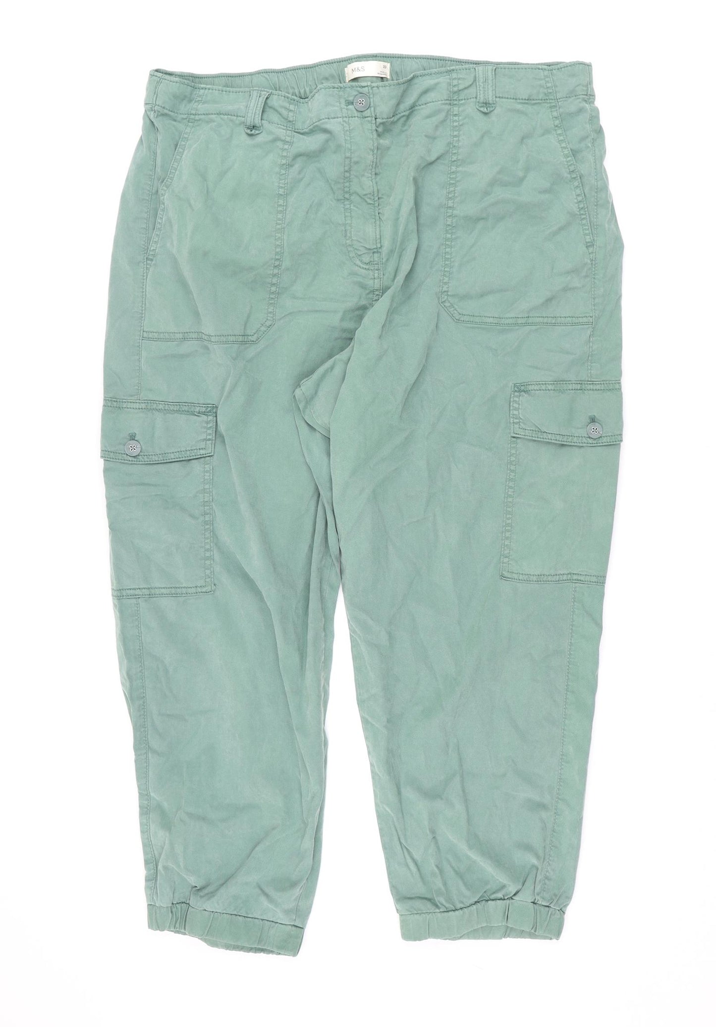 Marks and Spencer Womens Green Cotton Cargo Trousers Size 20 L24 in Regular Zip - Elasticated