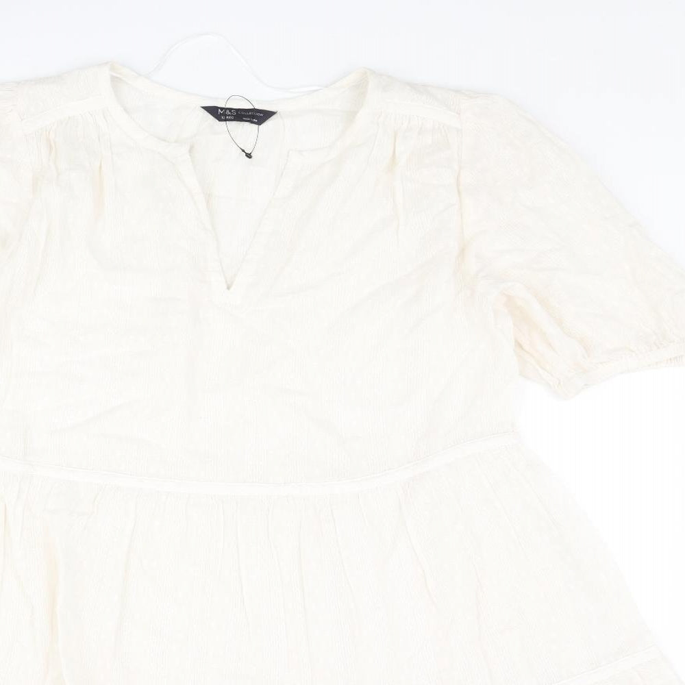 Marks and Spencer Womens Ivory Cotton A-Line Size 12 V-Neck Pullover - Bow Smocked